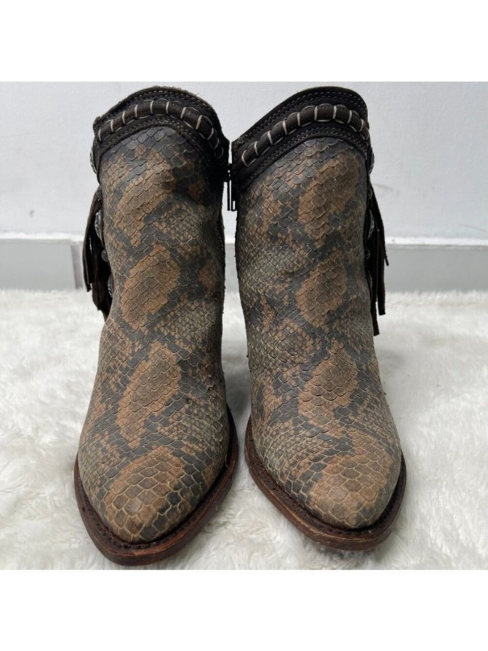 Liberty Black Python Print Fringe Concho Western Boots Womens 8 Boho Booties - Picture 2 of 12